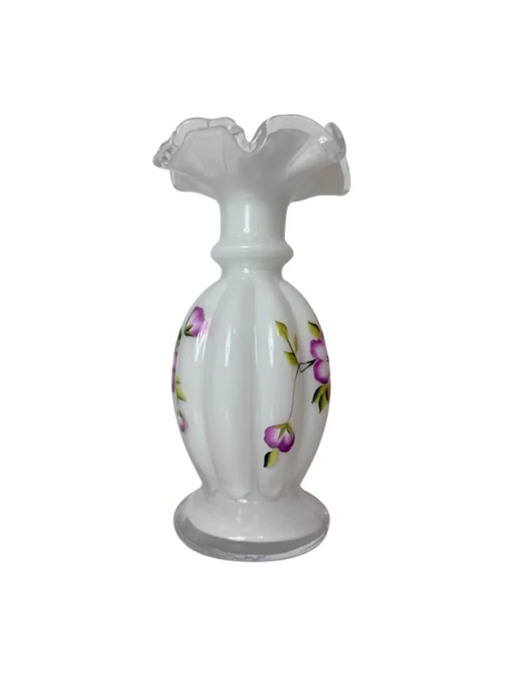Romantic White Glass Bud Vase Hand Painted VTG Purple Floral Ruffle Rim 8.5” - Picture 6 of 16